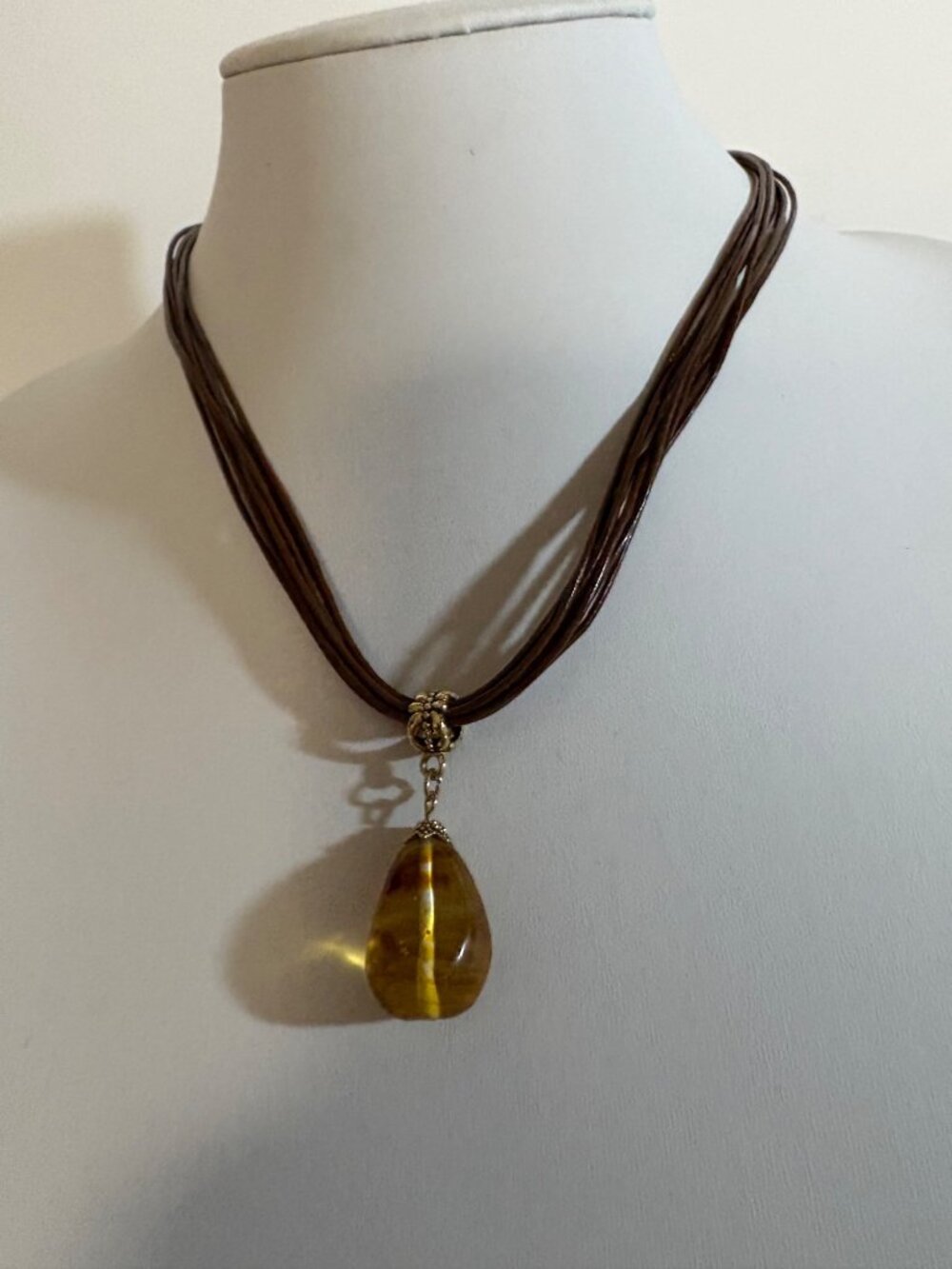 Lia Sophia Multi-Strand Cord Necklace Honey Brown Boho Teardrop Pendant Vintage